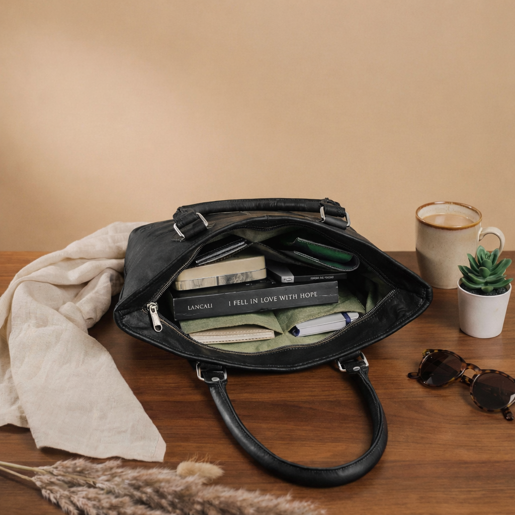 Midnight Black Leather Tote