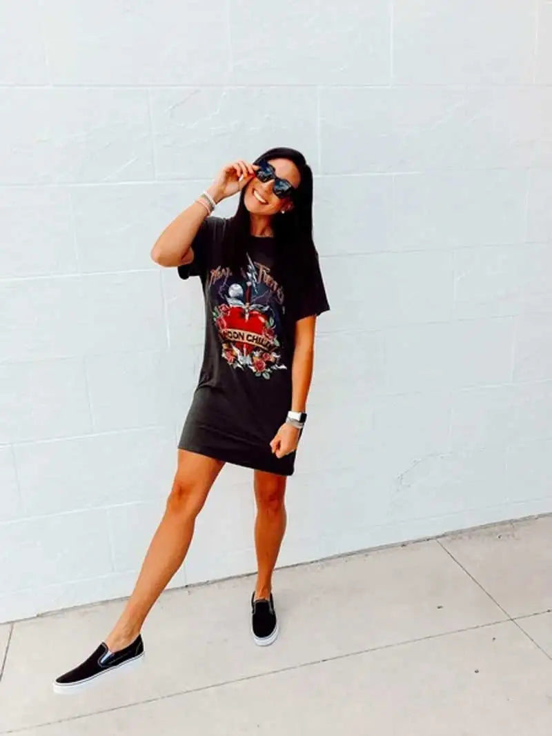 BOHO INSPO Rock'n'roll Vibes Sleeveless Casual Chic Charcoal T Shirt Dress