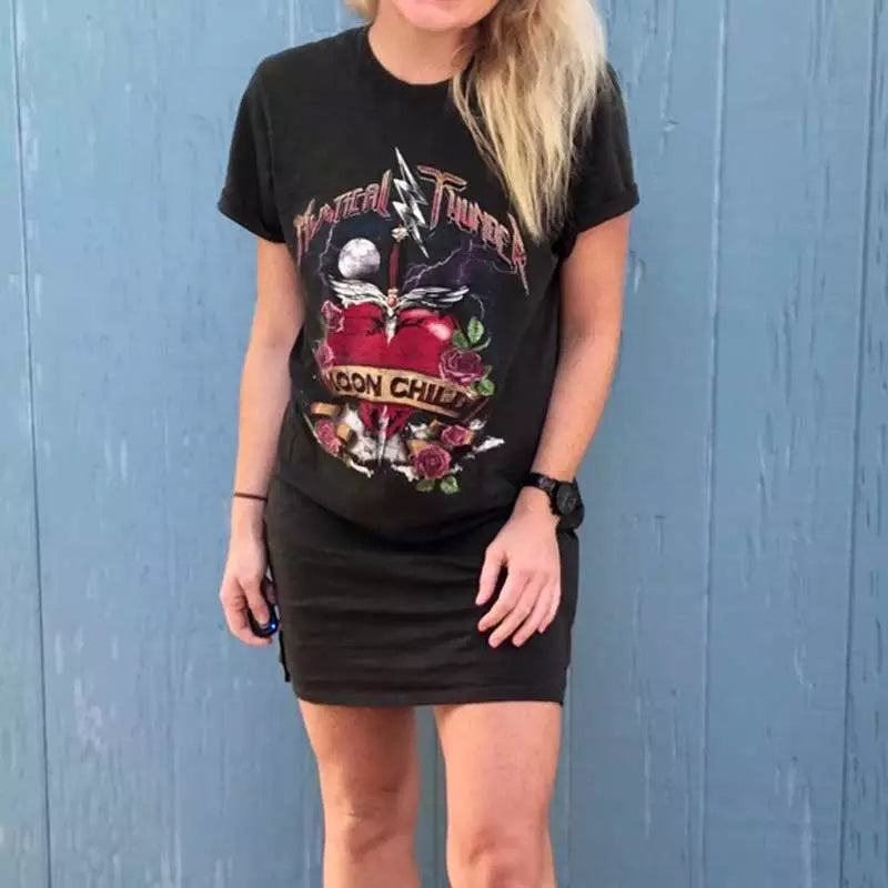 BOHO INSPO Rock'n'roll Vibes Sleeveless Casual Chic Charcoal T Shirt Dress