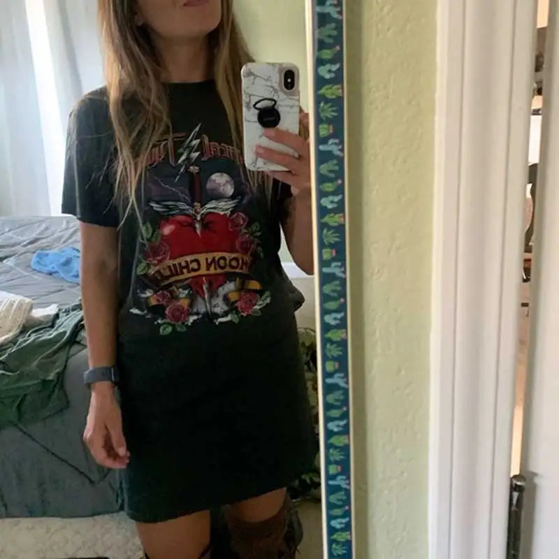BOHO INSPO Rock'n'roll Vibes Sleeveless Casual Chic Charcoal T Shirt Dress