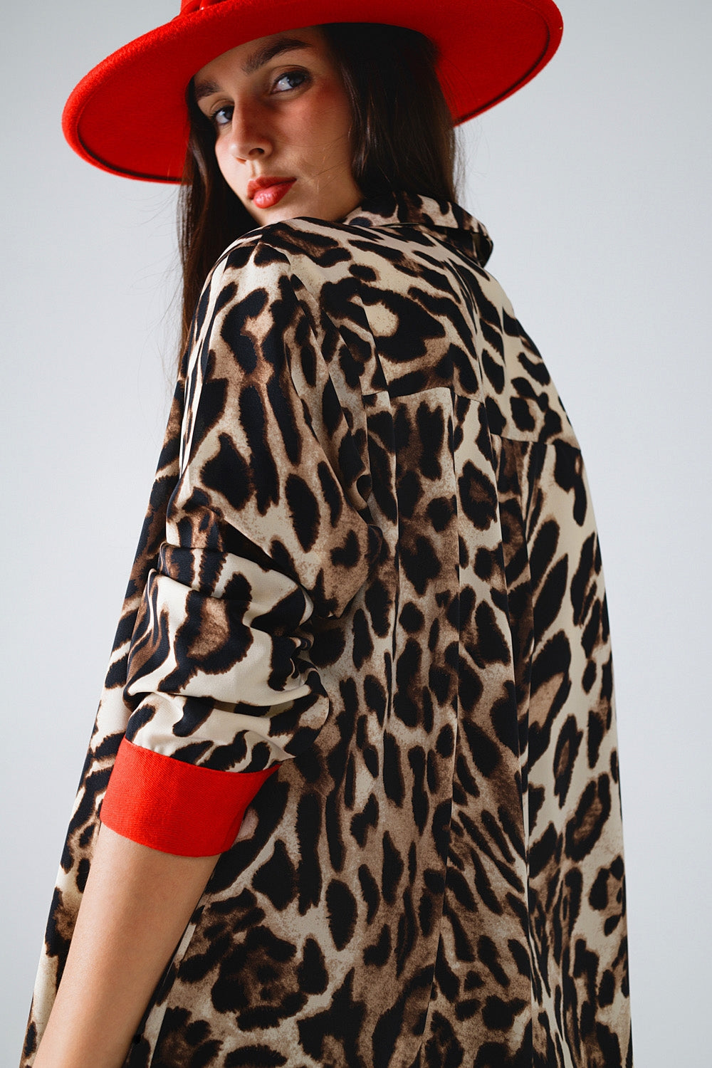 Wild Leopard Shirt WIth Red Button Placket and Red Sleeves Detail
