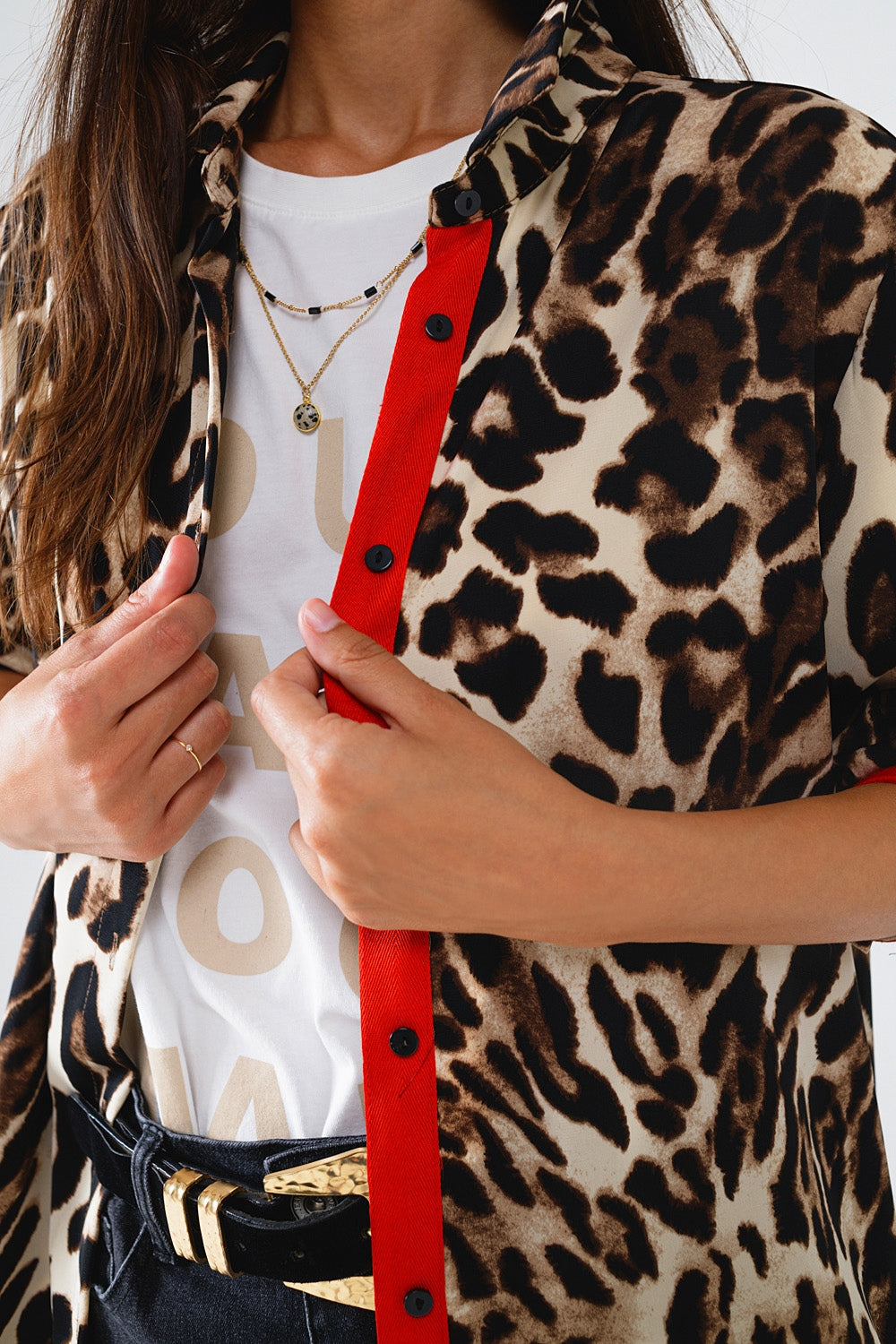Wild Leopard Shirt WIth Red Button Placket and Red Sleeves Detail