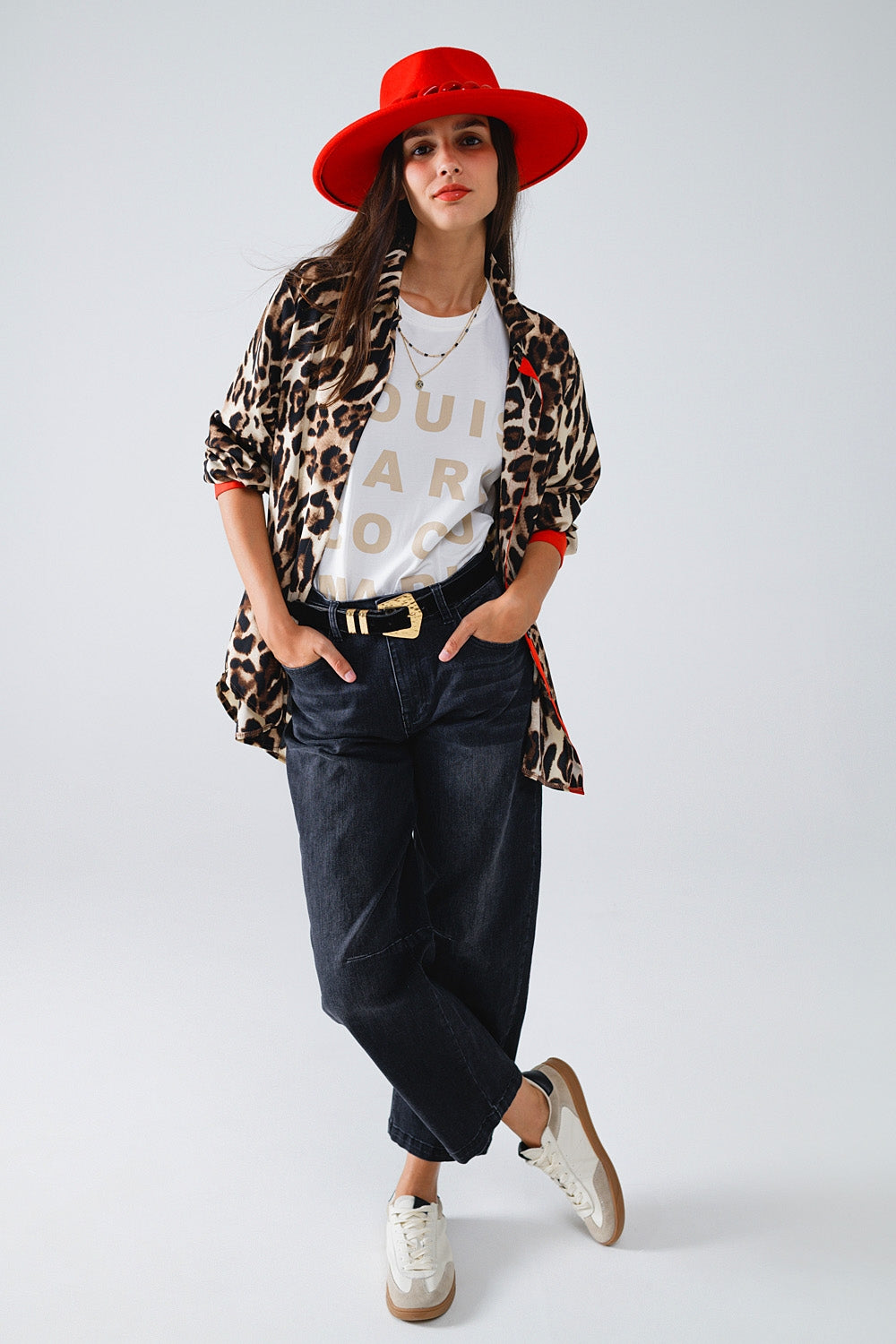 Wild Leopard Shirt WIth Red Button Placket and Red Sleeves Detail