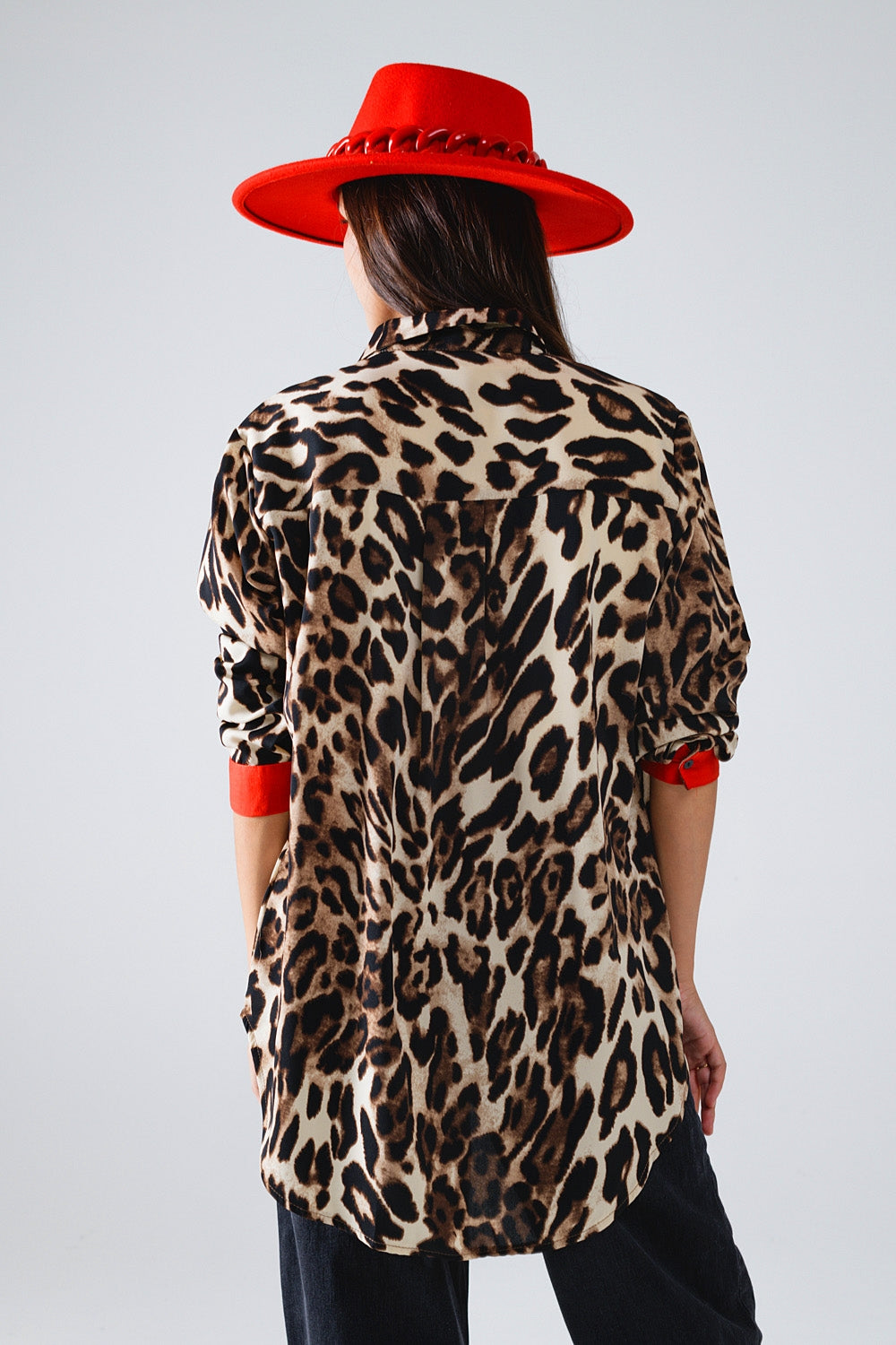 Wild Leopard Shirt WIth Red Button Placket and Red Sleeves Detail