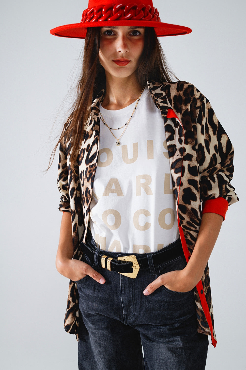 Wild Leopard Shirt WIth Red Button Placket and Red Sleeves Detail