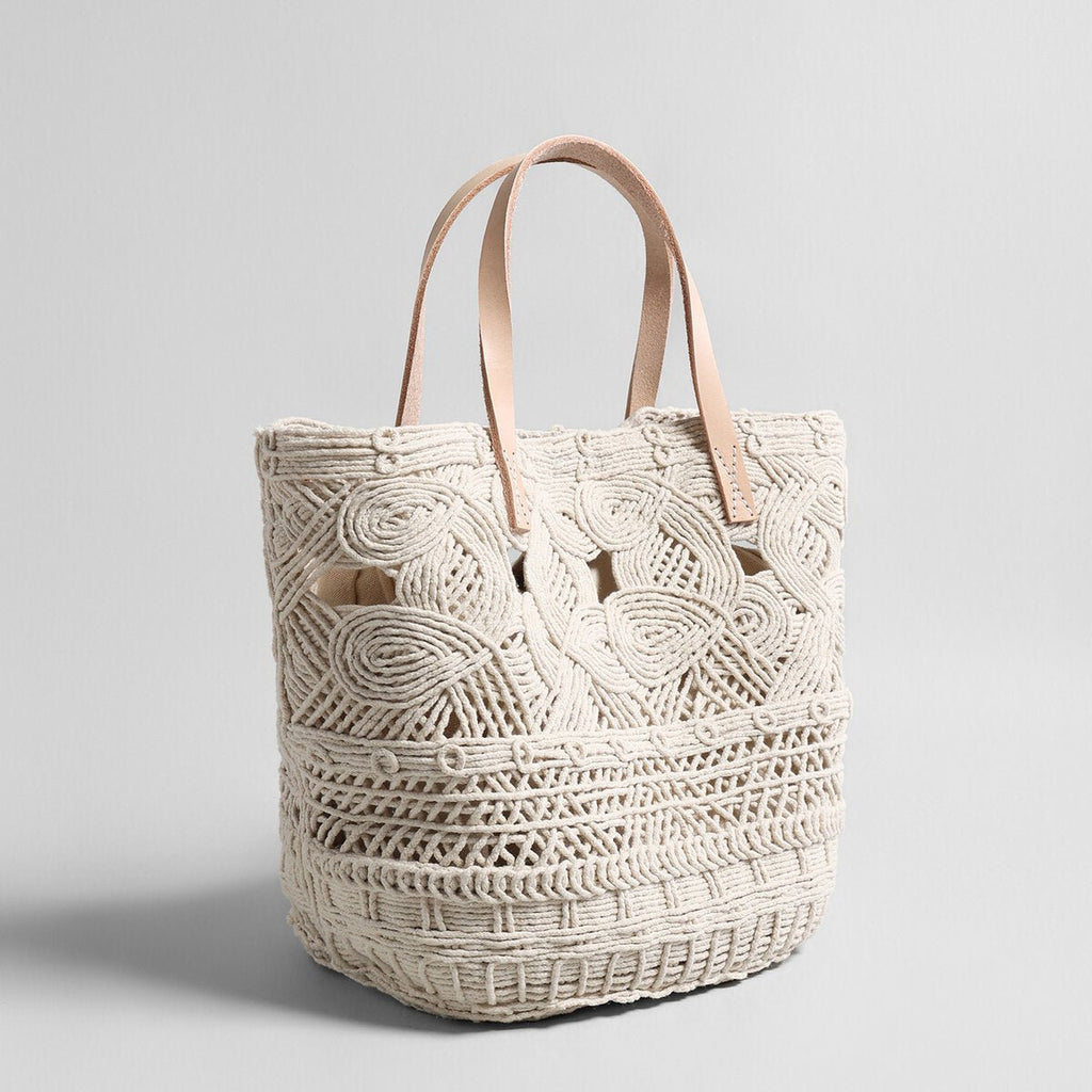 Multi-Pattern Macramé Basket Tote – Convertible Crossbody with Leather Handles