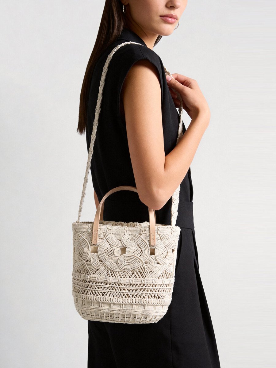 Multi-Pattern Macramé Basket Tote – Convertible Crossbody with Leather Handles